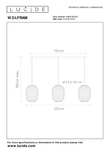 Lucide WOLFRAM - Hanglamp - 3xE27 - Mat Goud / Messing - technisch